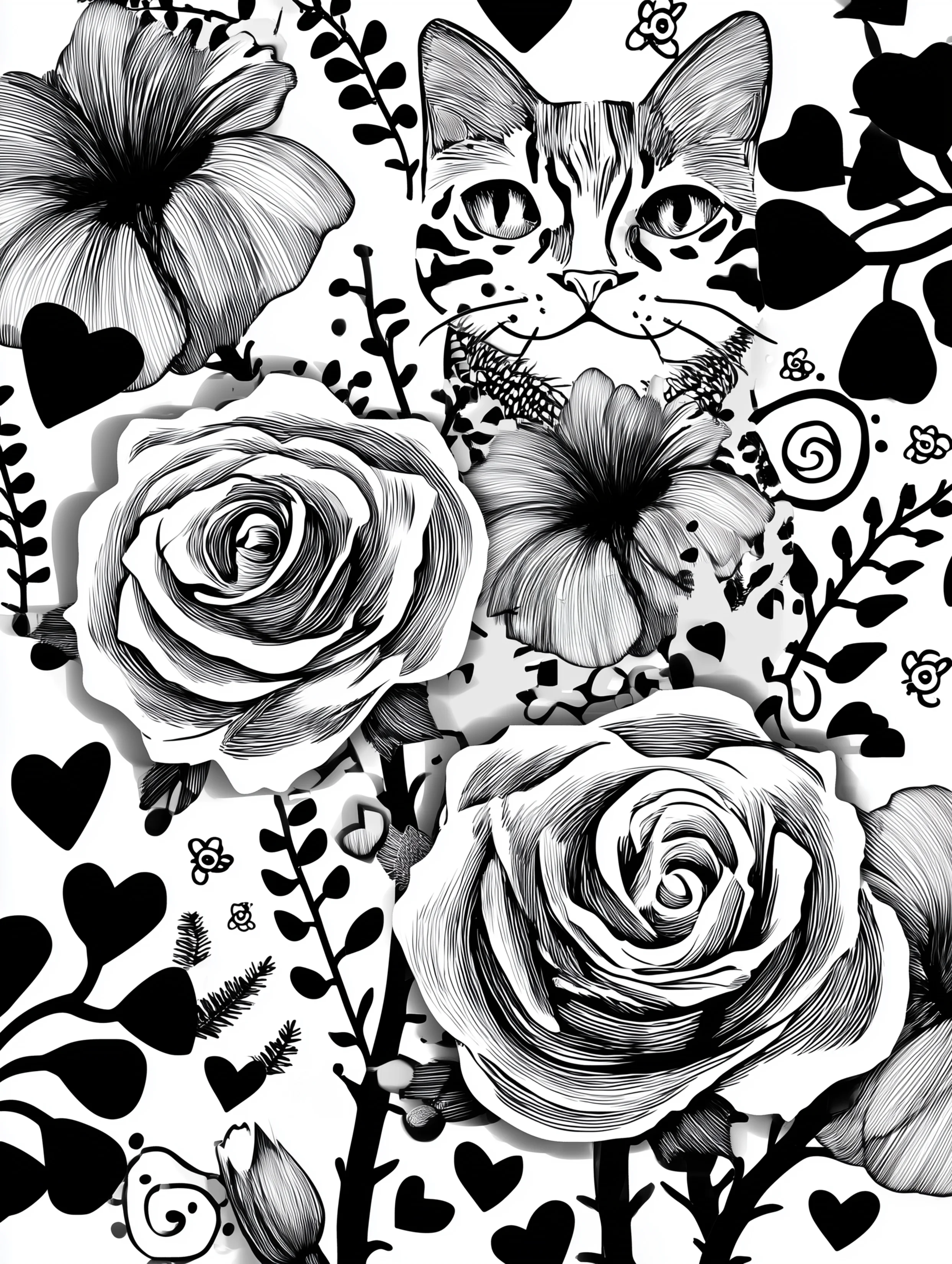 Free printable rose coloring page for adults featuring a cat surrounded by roses